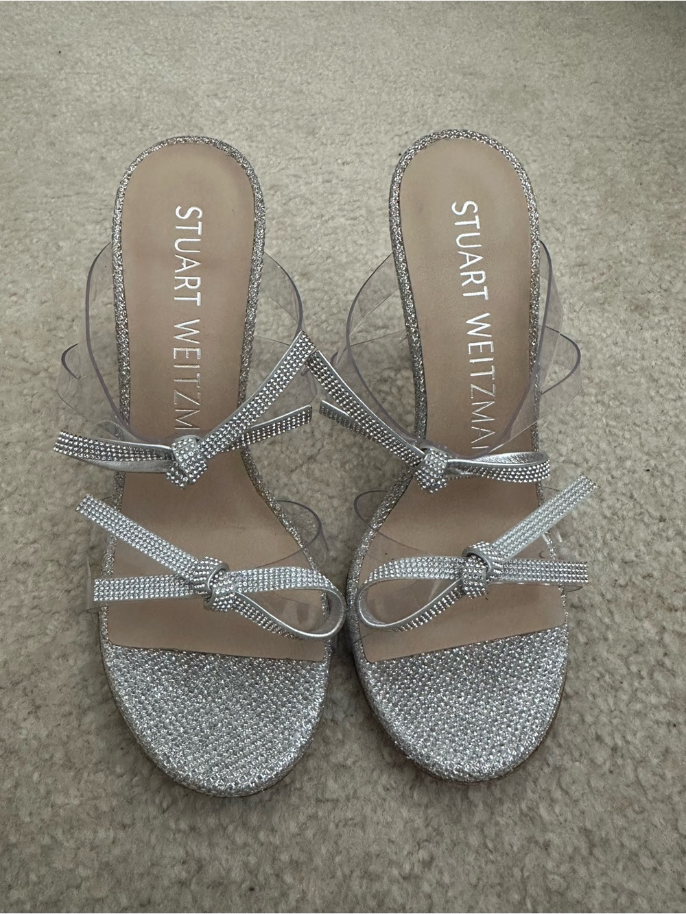 Stuart Weitzman Silver Crystal Knot-Strap Heels